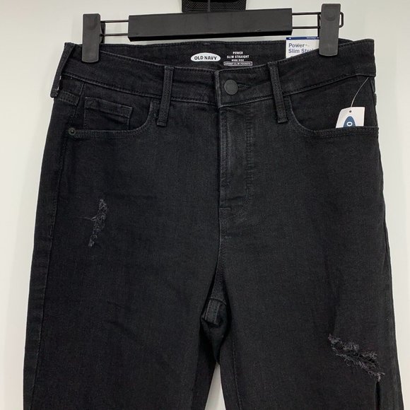 Old Navy Jeans Black High Rise Power Slim Straight Distressed NWT - Picture 3 of 8